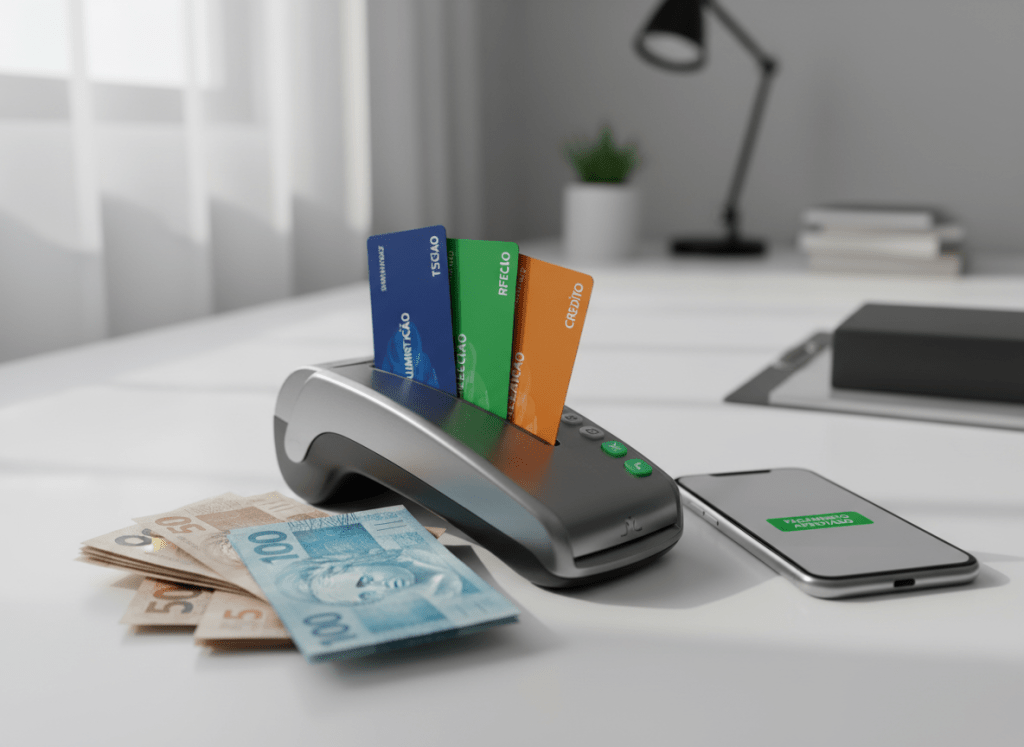 A close-up, photographic realism scene of a sleek metal card reader on a clean white desk, neatly fanned benefit cards labeled alimentação, refeição, and crédito in vibrant blue, green, and orange tones emerging from it. Around the reader, there are organized stacks of Brazilian real banknotes and a modern smartphone with a clear notification of “pagamento aprovado”. Soft, diffused daylight comes from an unseen window, creating gentle reflections on the plastic cards and subtle shadows on the desk. Shot at eye level with a shallow depth of field, the background fades into a softly blurred, minimal office setting. The mood is professional, trustworthy, and efficient, reinforcing the idea of fast, reliable payment for benefit cards.