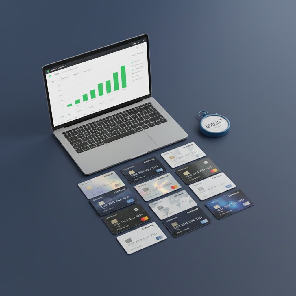 A modern, photographic realism flat-lay of various corporate benefit cards arranged on a matte dark-blue surface, each card featuring different textures like metallic embossing, smooth gloss, and subtle holographic details. Beside them, an open laptop displays a clean financial dashboard with growing green bar charts, and a digital stopwatch shows a rapid countdown stopped at a low time, symbolizing quick payment. Overhead soft studio lighting creates a precise, even illumination, with delicate specular highlights on the card numbers and gentle shadows for depth. The composition follows a balanced, grid-like layout, evoking organization and professionalism. The overall atmosphere is calm, secure, and business-focused, perfect for a company specializing in buying benefit cards with agility and transparency.