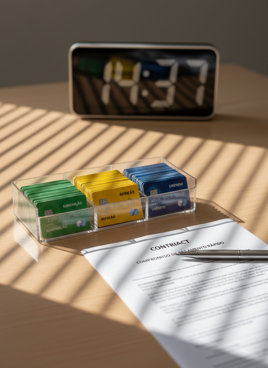 A high-resolution, photographic realism image of a transparent acrylic tray holding neatly sorted alimentação, refeição, and crédito cards by color, placed on a light wood office table. Next to the tray, there is a printed contract with a bold title "Compromisso de Pagamento Rápido" and a sleek metal pen resting on top. In the background, slightly out of focus, a large digital wall clock shows precise time, emphasizing punctuality. Natural afternoon light filters through unseen blinds, casting linear shadows and a warm, professional glow across the scene. Captured from a slightly elevated angle with medium depth of field, the composition feels orderly and credible, conveying a serious, corporate environment dedicated to secure and fast card purchasing operations.
