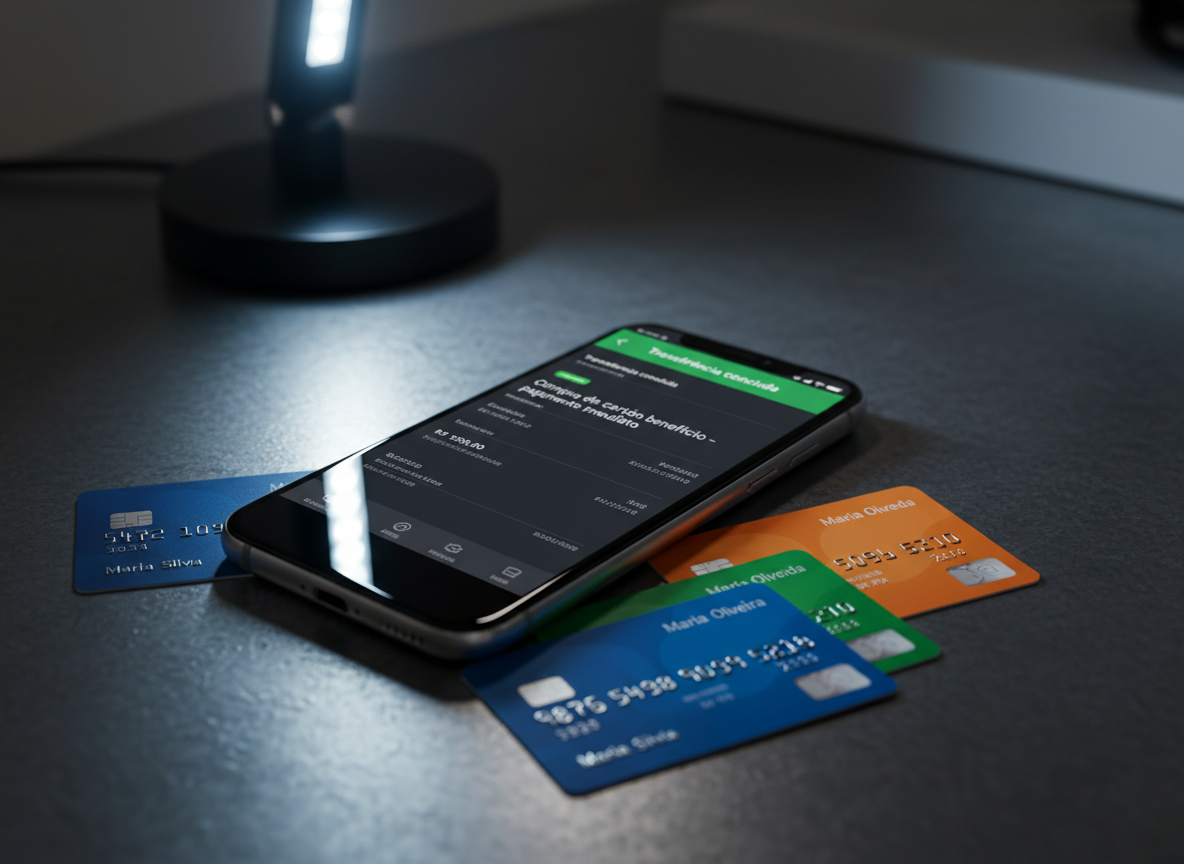 A detailed, photographic realism close-up of a smartphone lying on a dark, brushed metal surface, displaying a banking app screen with a completed transfer labeled “Compra de cartão benefício – pagamento imediato”. Around the phone, three physical benefit cards in different colors are partially overlapped, their embossed digits sharply in focus. A discrete LED desk lamp outside the frame casts controlled, focused light, creating crisp reflections on the phone’s glass and cards, while the background falls into smooth, subtle bokeh. The composition uses the rule of thirds, with the phone slightly off-center, giving a dynamic yet orderly feel. The mood is high-tech, secure, and efficient, highlighting the seamless digital process of selling benefit cards and receiving money quickly.