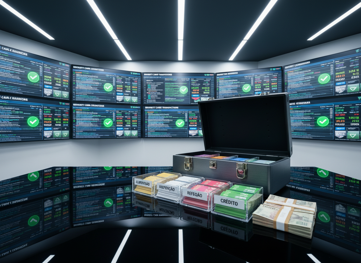 A cinematic, photographic realism scene of a secure, minimalist financial operations room, with multiple wall-mounted screens displaying real-time transaction confirmations, green check icons, and exchange rates related to benefit cards. In the foreground, a sturdy metal lockbox sits on a polished black table, its lid slightly open to reveal meticulously stacked benefit cards separated by labeled dividers (alimentação, refeição, crédito) and organized bundles of banknotes. Cool, controlled overhead LED lighting creates clear, crisp visibility with mild reflections on the screens and lockbox. Shot from a slightly low angle with deep focus, the room appears highly organized and technologically advanced. The atmosphere is serious, reliable, and professional, reinforcing the idea of a robust, secure structure behind the fast purchase and payment of benefit cards.